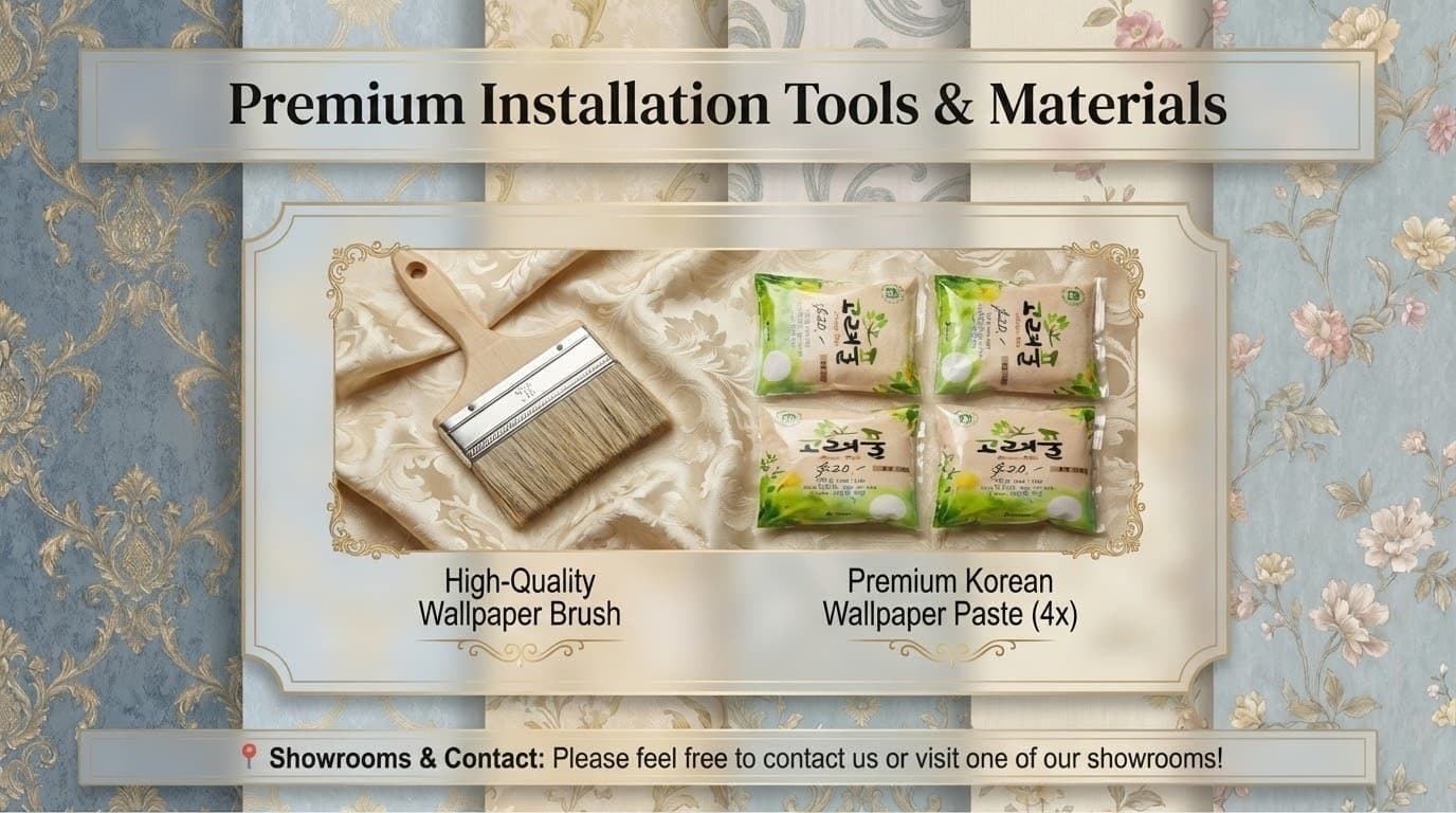 Wallpaper glue, brush, and tools